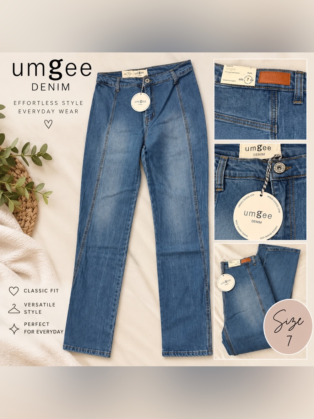 NWT Umgee Denim Size 7 or Size 5 High Rise Straight Leg Jeans Med Wash Stretch